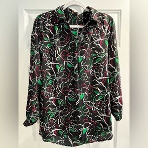 Anne Klein Floral Women's Top - Black, Pink, Green, White flowers and leaves